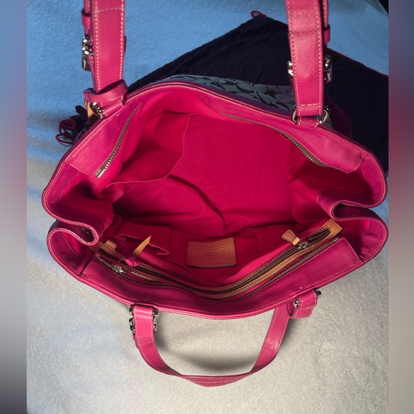 Coach Signature Canvas Pink Leather Trim Business Tote Laptop Work Bag F6432 - Picture 6 of 16